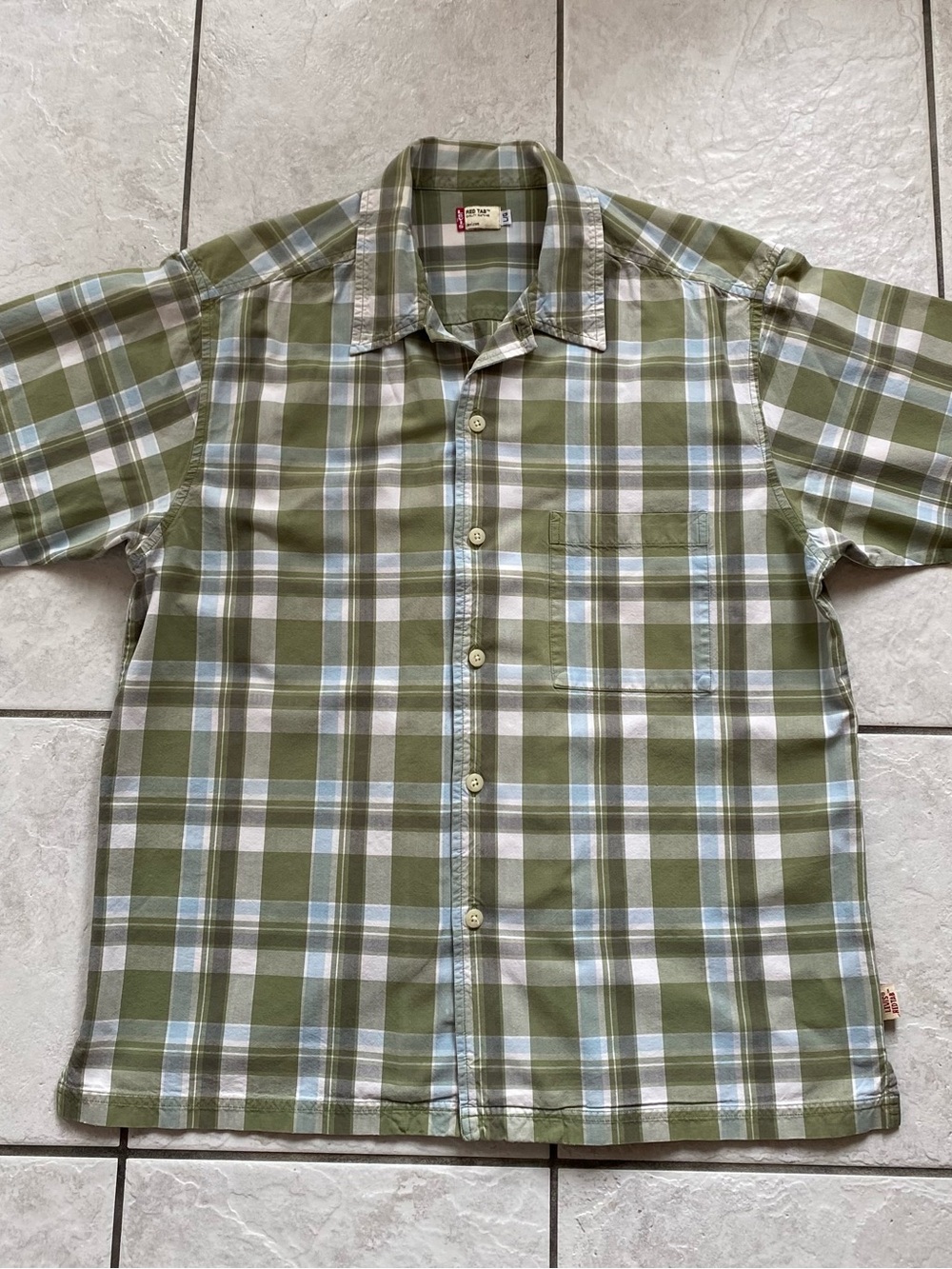 Y2K Levis Red Tab Plaid Shirt Mens Large L Green Short Sleeve Check Button Down